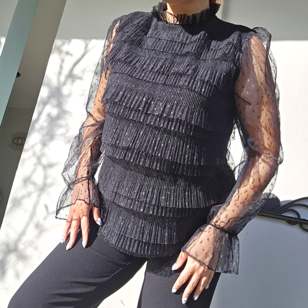 EXPRESS Black Ruffle Polka Dot Tulle Top with Mesh sleeves